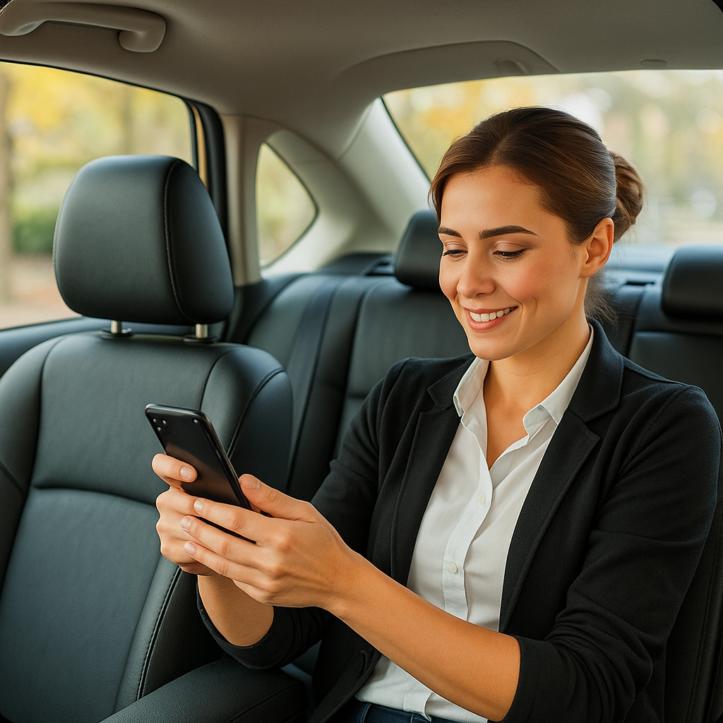 Woman in car using phone